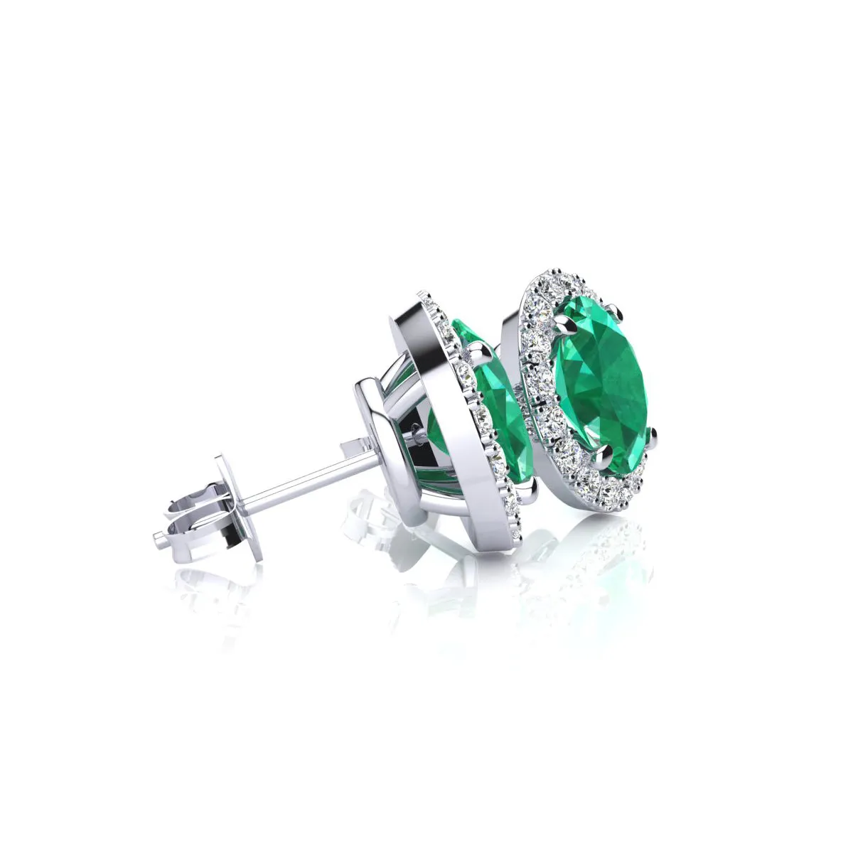 1 Carat Oval Shape Emerald And Halo Diamond Stud Earrings In 14 Karat White Gold