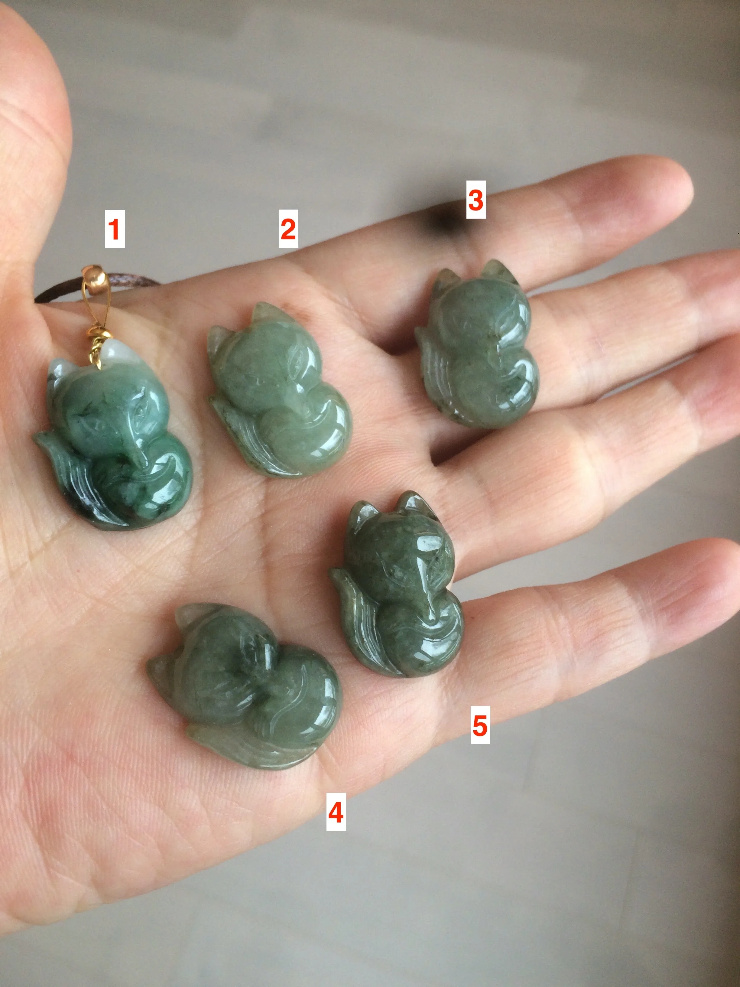 100% natural type A dark green/black jadeite jade fox pendant necklace C34