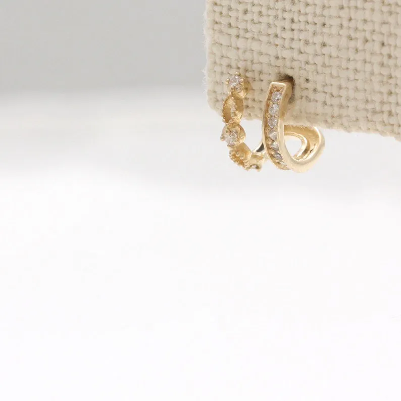 14K 18K Solid Gold Genuine Diamonds Lace Double Line Ear Hoop Stud Cartilage Tragus Helix Conch Lobe Piercing Earring