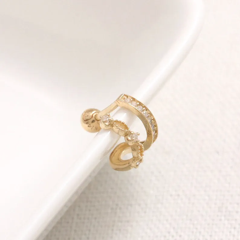 14K 18K Solid Gold Genuine Diamonds Lace Double Line Ear Hoop Stud Cartilage Tragus Helix Conch Lobe Piercing Earring