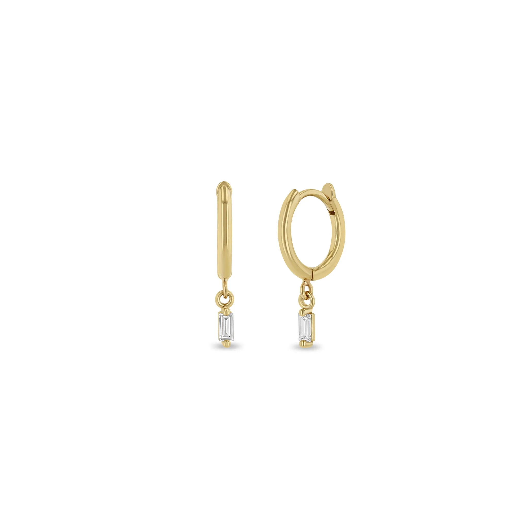 14k Dangling Baguette Diamond Small Hinge Huggie Hoops