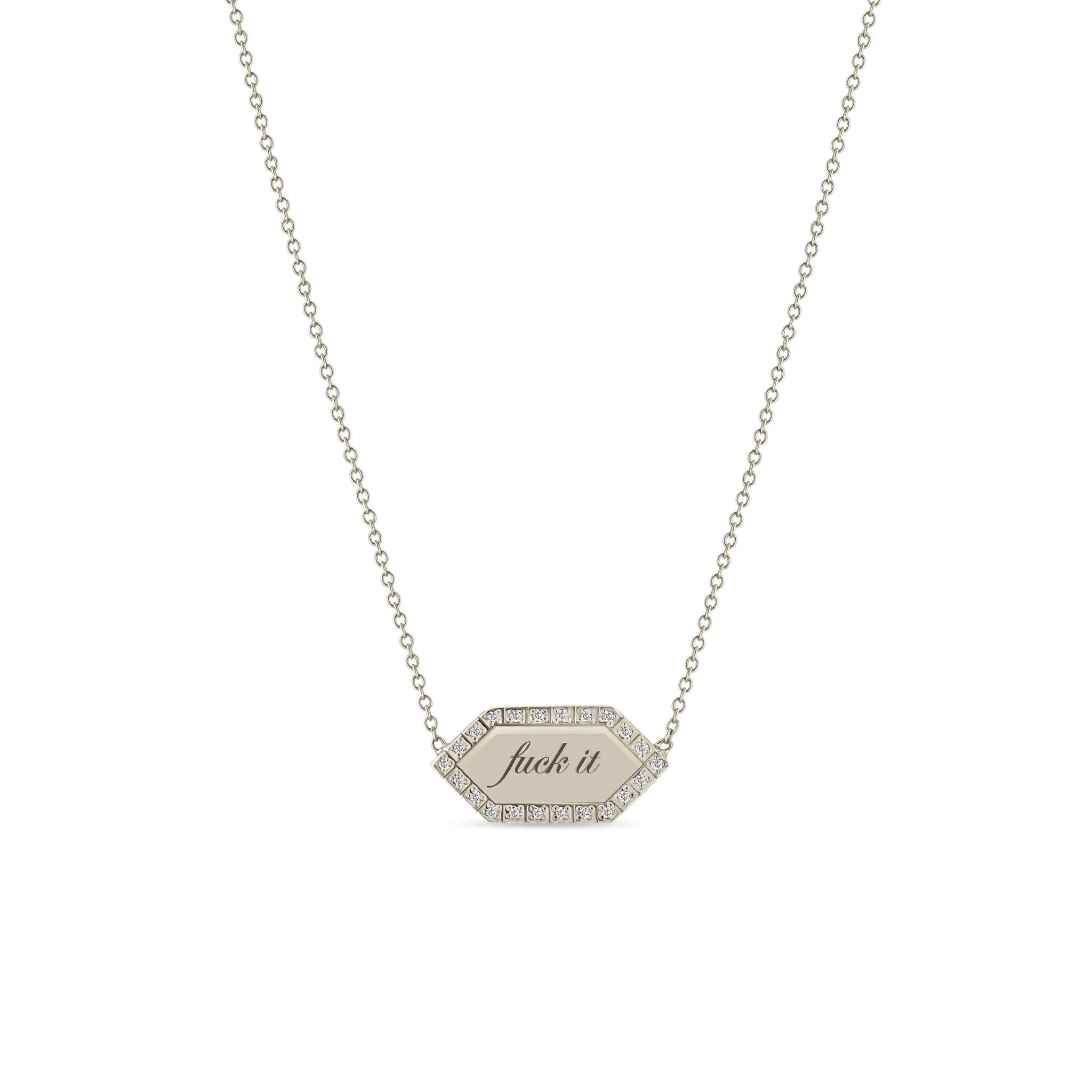 14k fuck it Elongated Hexagon Pavé Diamond Border Tag Necklace