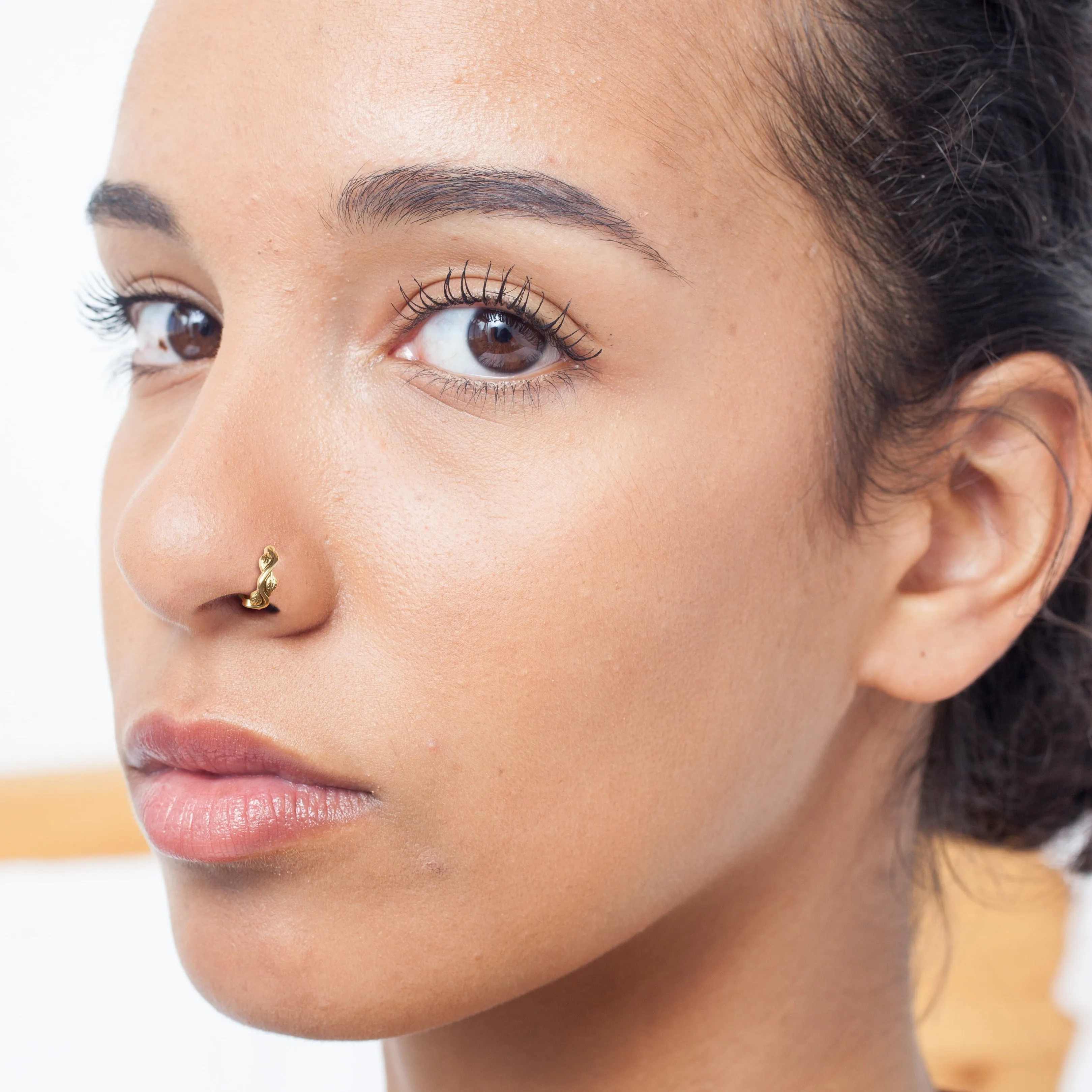 14K Gold Curved Leaf Nose Ring