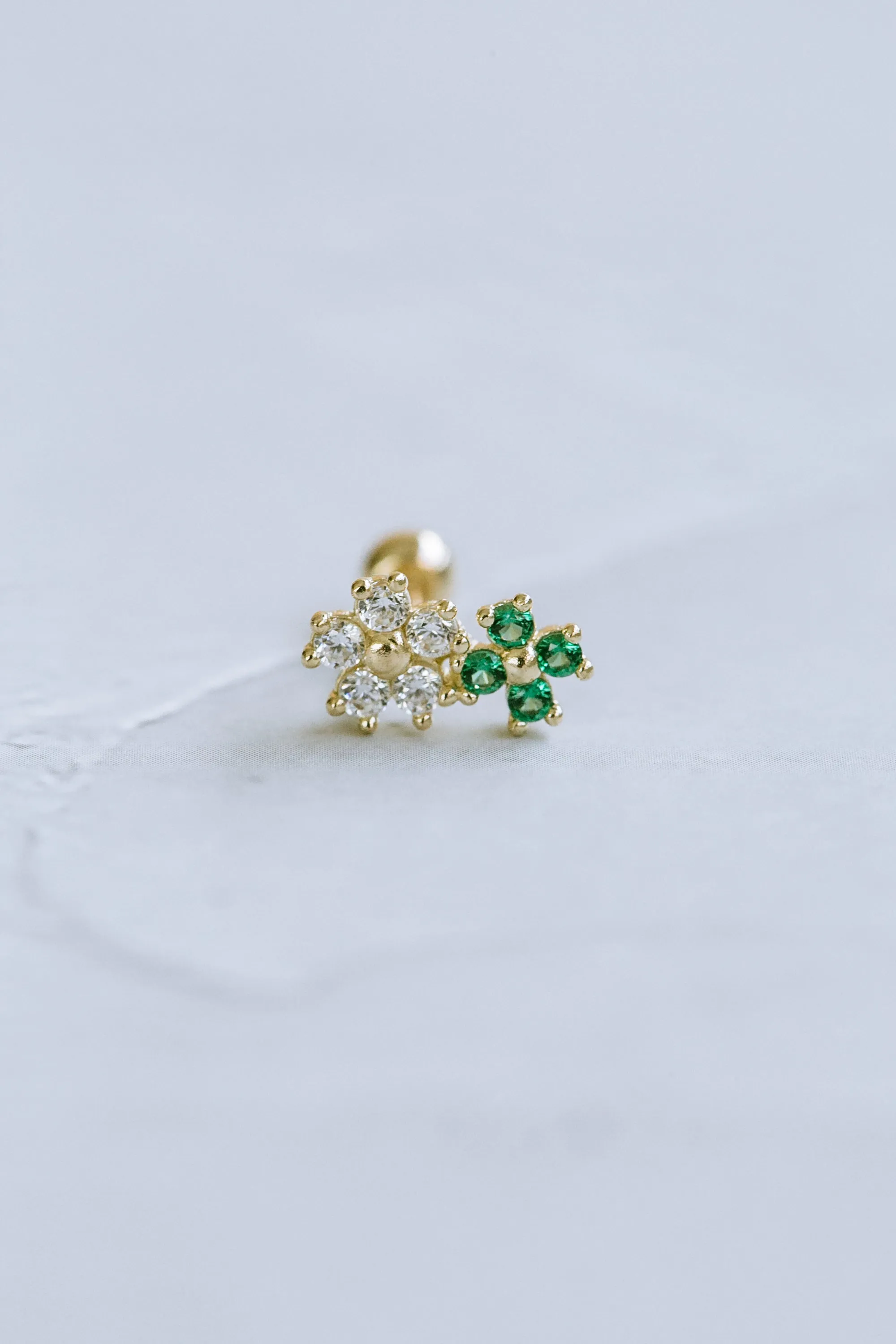 14k Real Solid Gold CZ Green Four Leaf Clover Tragus Helix Inner Conch Cartilage Barbell Ear Post Stud Earring Piercing