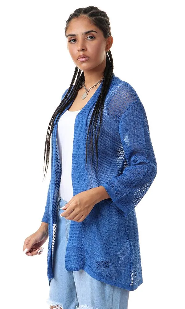 56647 Knitted Open Neckline Blue Cardigan