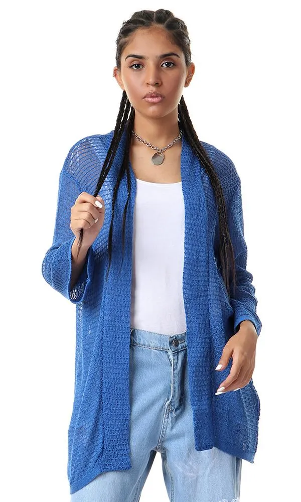 56647 Knitted Open Neckline Blue Cardigan