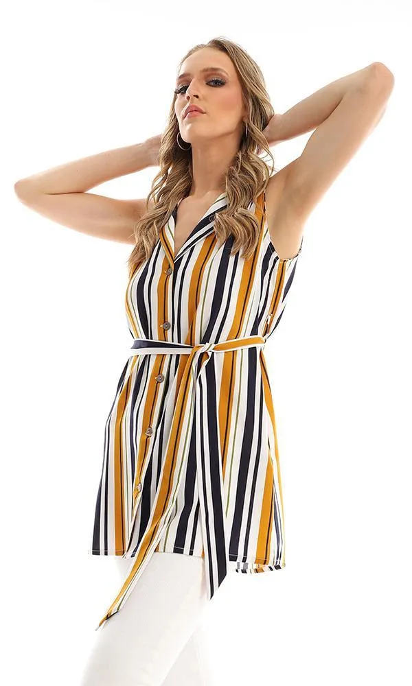 57024 Unbalanced Striped Buttoned Long Vest - Goldenrod