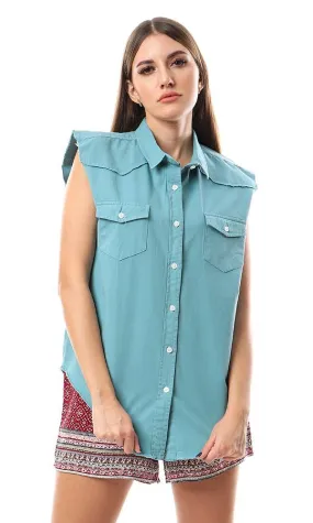 93214 Sleeveless Solid Buttoned Viridian Green Shirt