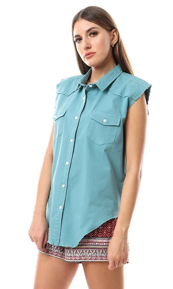 93214 Sleeveless Solid Buttoned Viridian Green Shirt