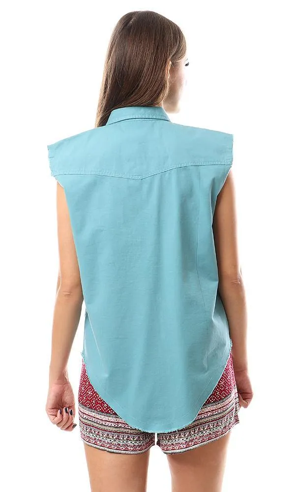 93214 Sleeveless Solid Buttoned Viridian Green Shirt