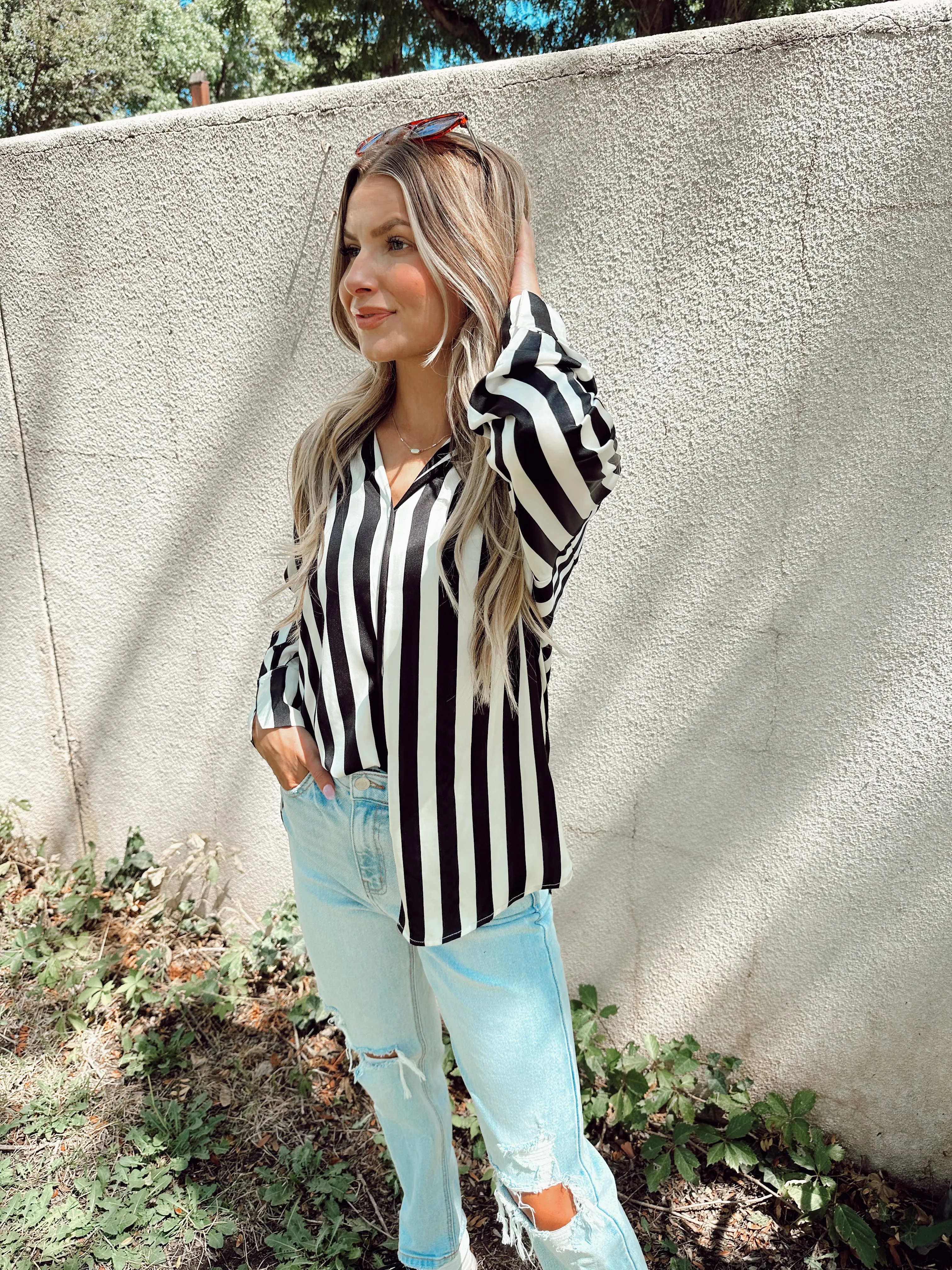 A Special Feeling Black and White Stripe Button Up Top