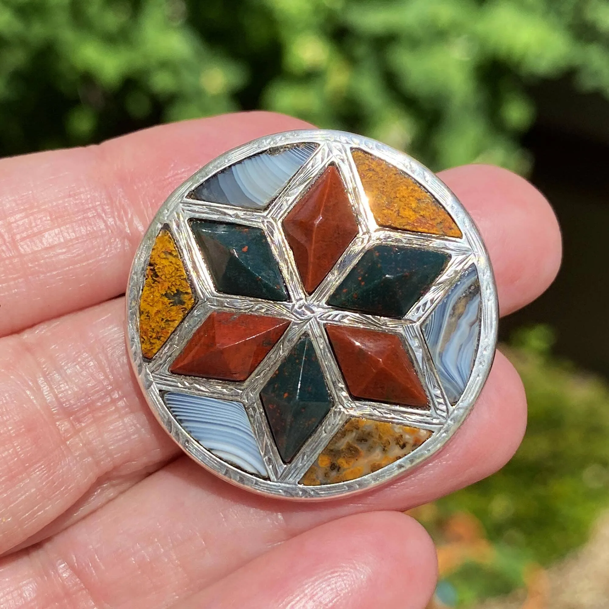 Antique Victorian Silver Scottish Agate Star Pebble Brooch