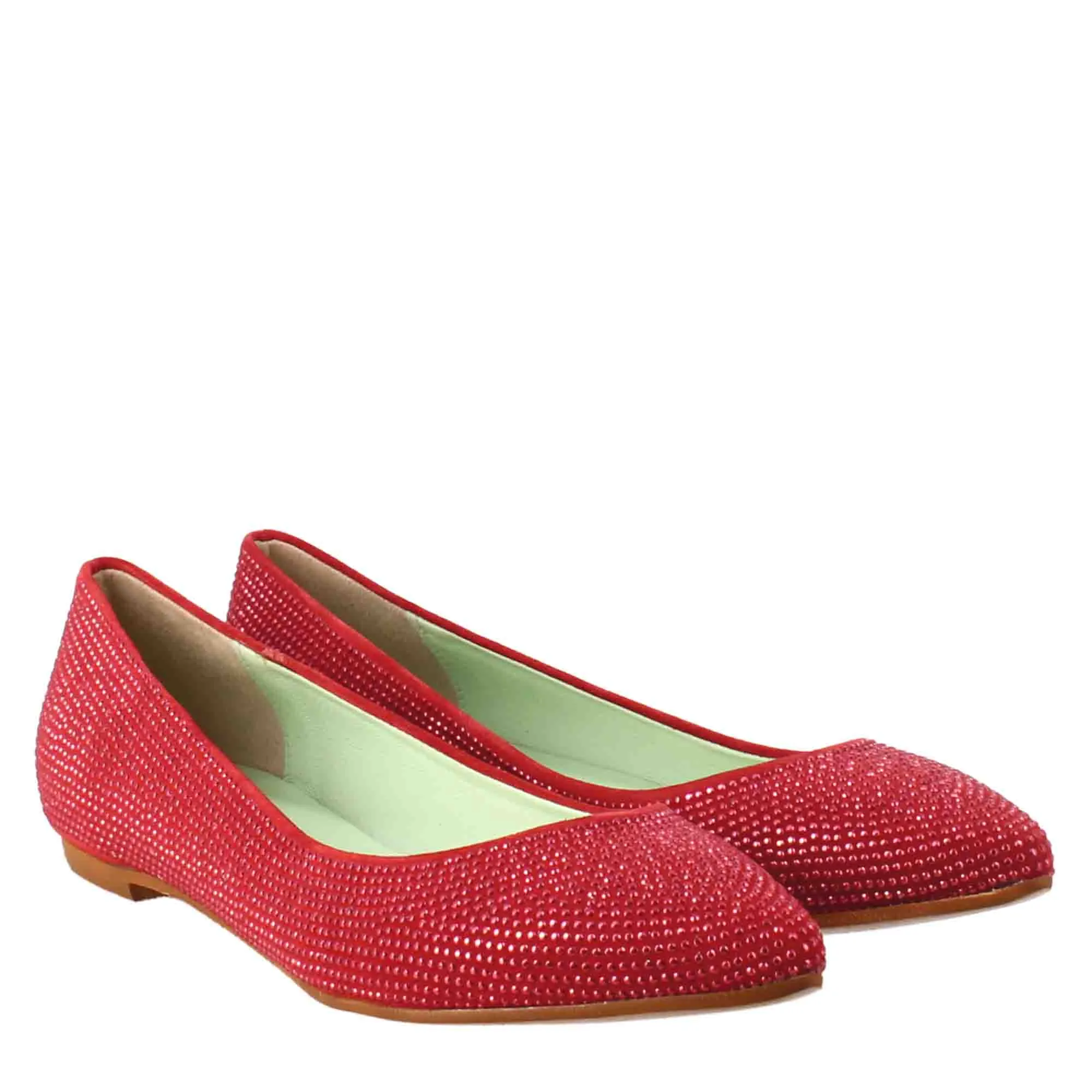 Ballerine da donna color rosso in pelle scamosciata con strass