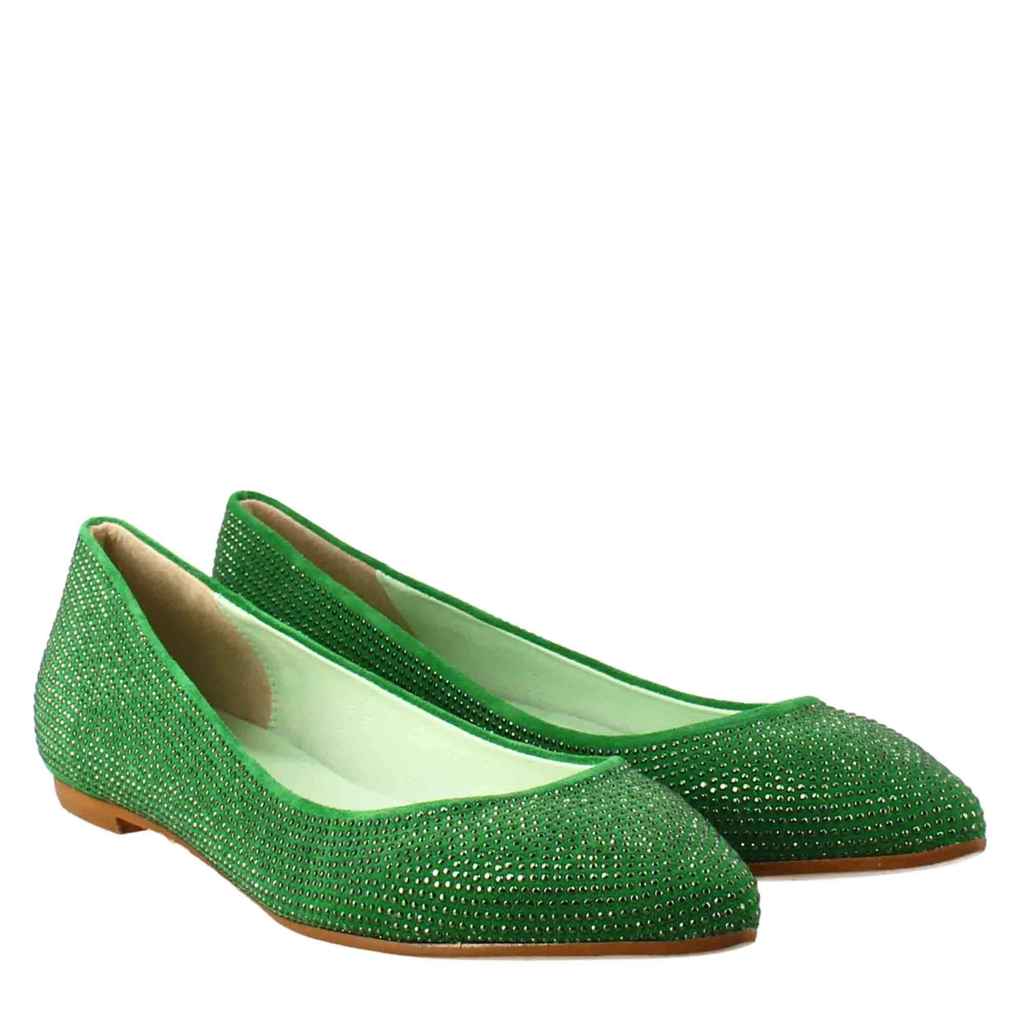 Ballerine da donna color verde in pelle scamosciata con strass