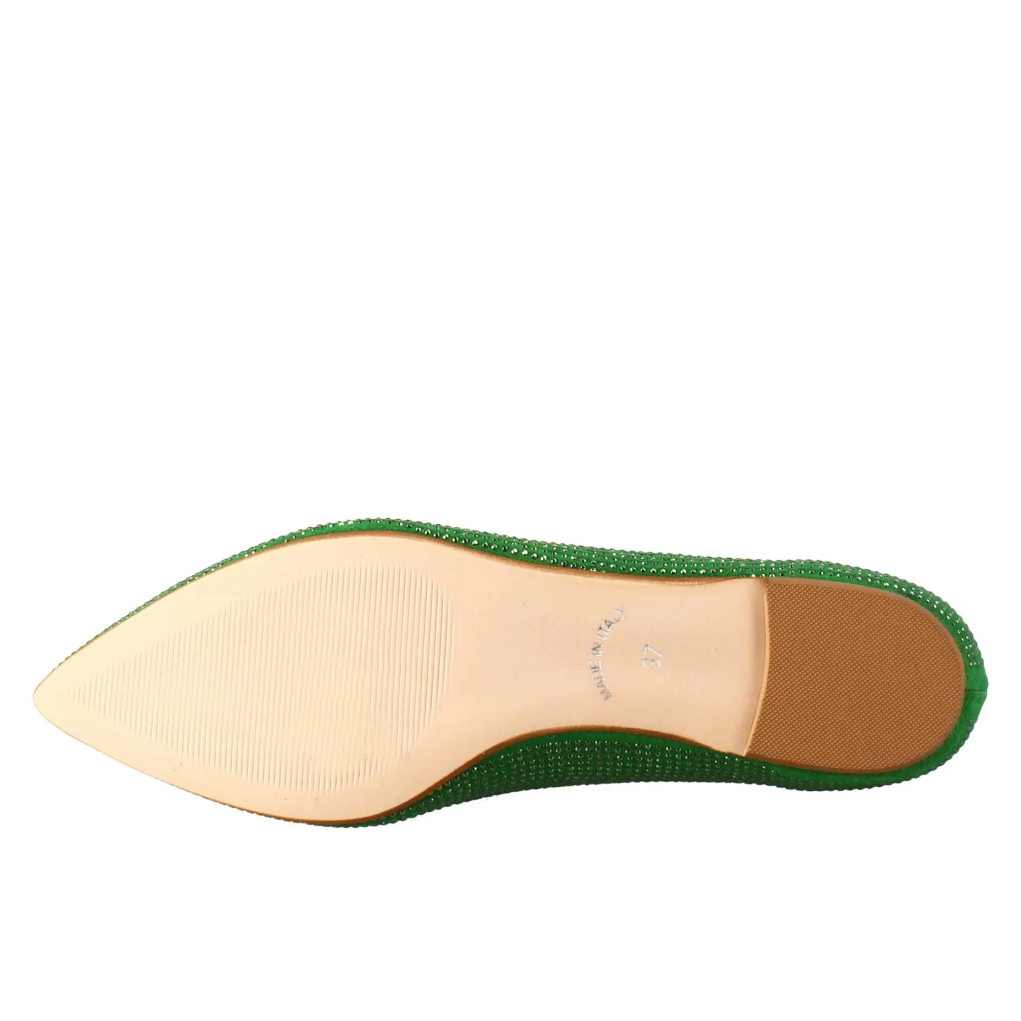 Ballerine da donna color verde in pelle scamosciata con strass