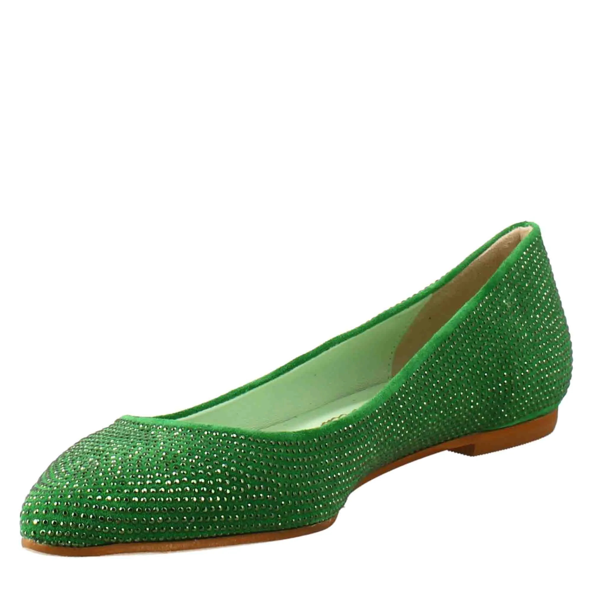 Ballerine da donna color verde in pelle scamosciata con strass