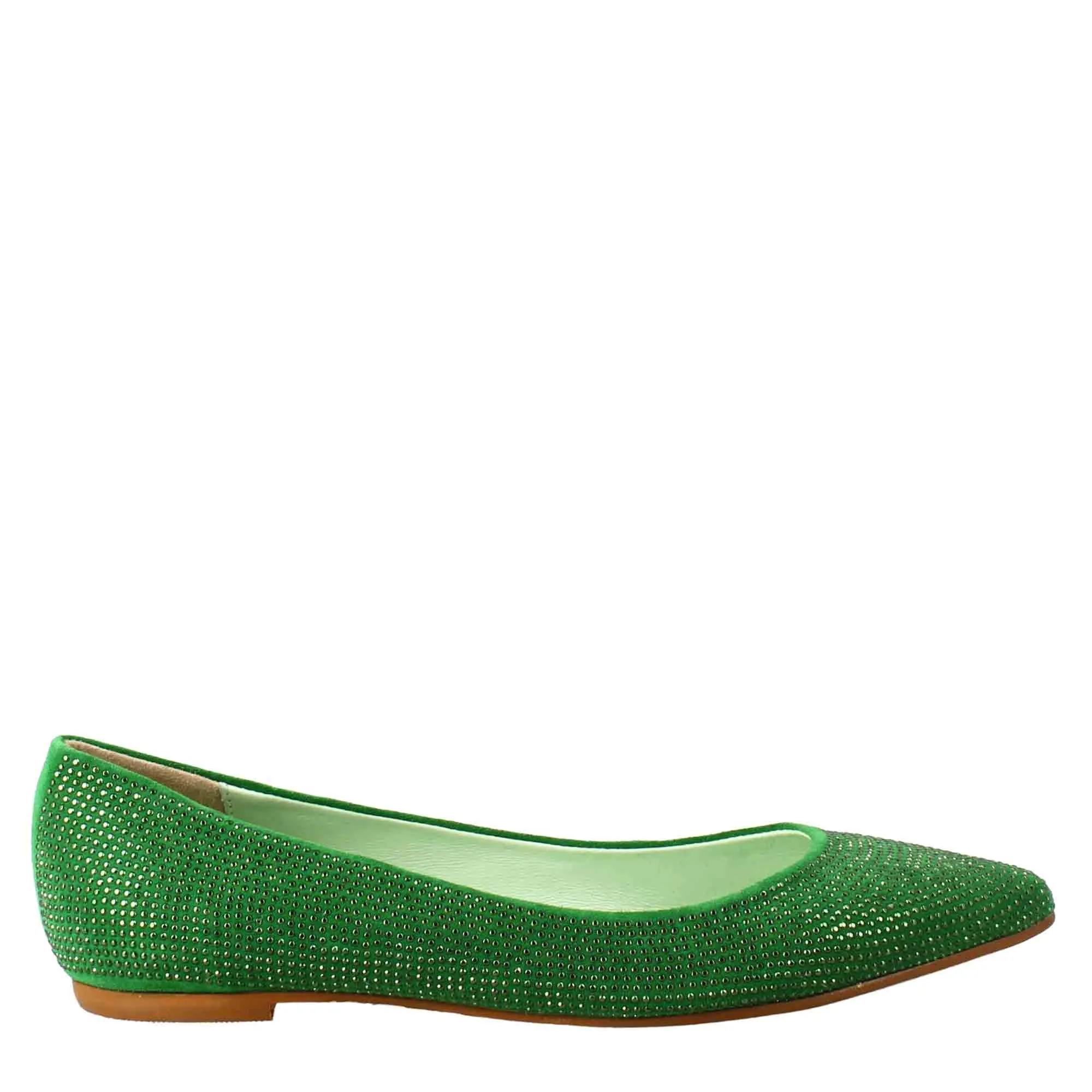 Ballerine da donna color verde in pelle scamosciata con strass