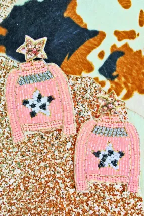 Beaded pink sweater earrings