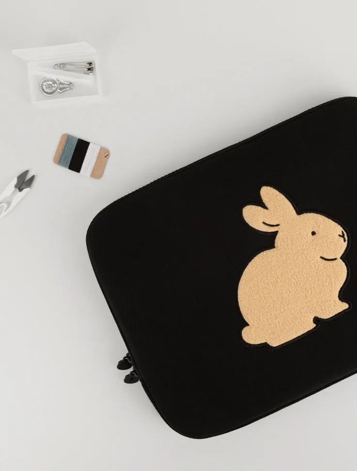 Black Gray Beige Rabbit Laptop Sleeves 11 for iPad 13 15 inches Cases Protective Covers Purses Handbags Square Cushion Pouches Designer Artist Embroidery Artwork Prints School Collage Office Lightweight Inner Pocket