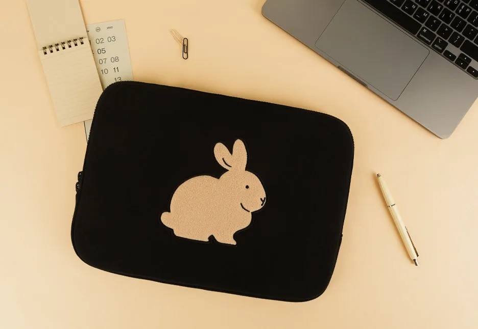 Black Gray Beige Rabbit Laptop Sleeves 11 for iPad 13 15 inches Cases Protective Covers Purses Handbags Square Cushion Pouches Designer Artist Embroidery Artwork Prints School Collage Office Lightweight Inner Pocket