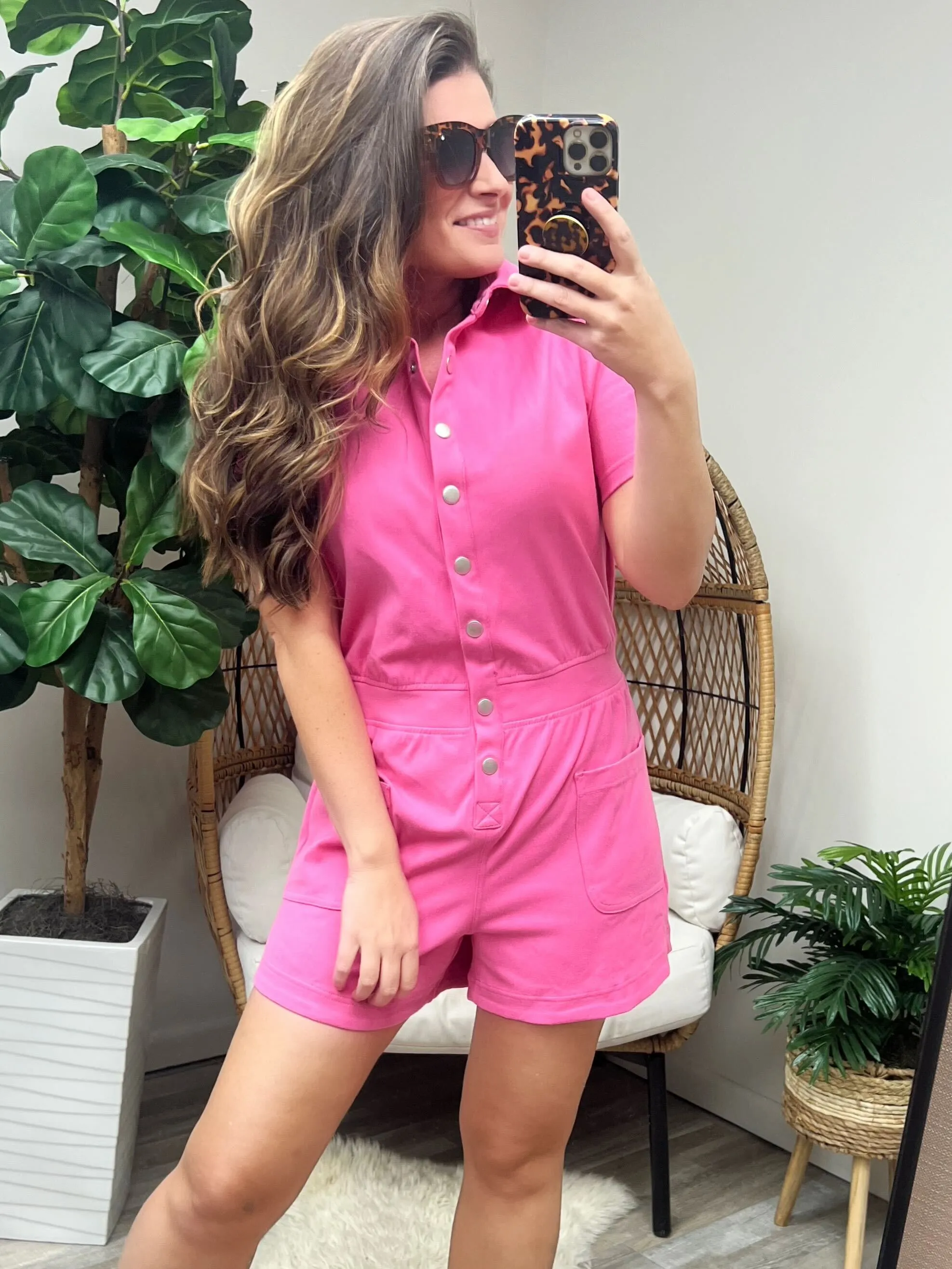 Break Point Collared Romper in Hot Pink