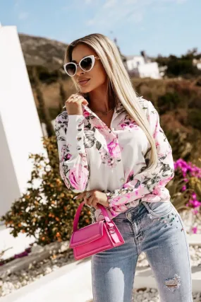 Camicia elegante bianca a fantasia floreale rosa e fucsia con bottoni dorati