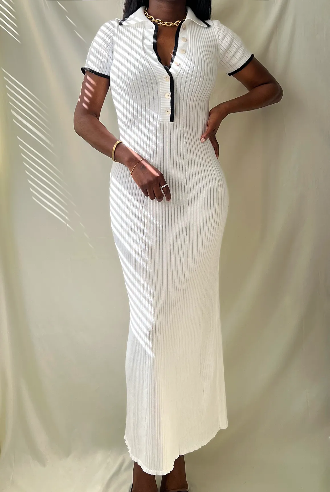 Contrast Ribbed Polo Maxi Dress