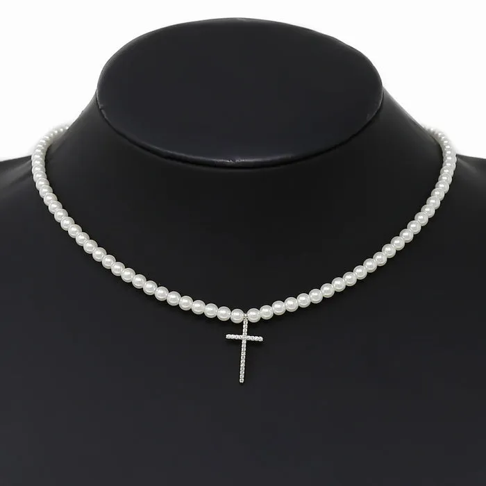 CZ Pave Cross Pendant Pearl Beaded Short Necklace