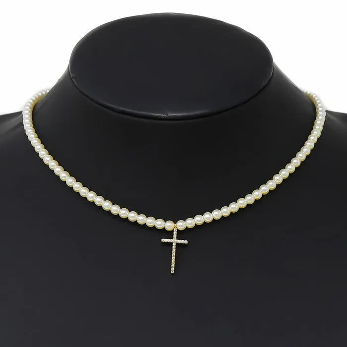 CZ Pave Cross Pendant Pearl Beaded Short Necklace