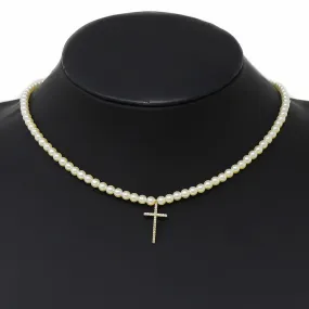 CZ Pave Cross Pendant Pearl Beaded Short Necklace