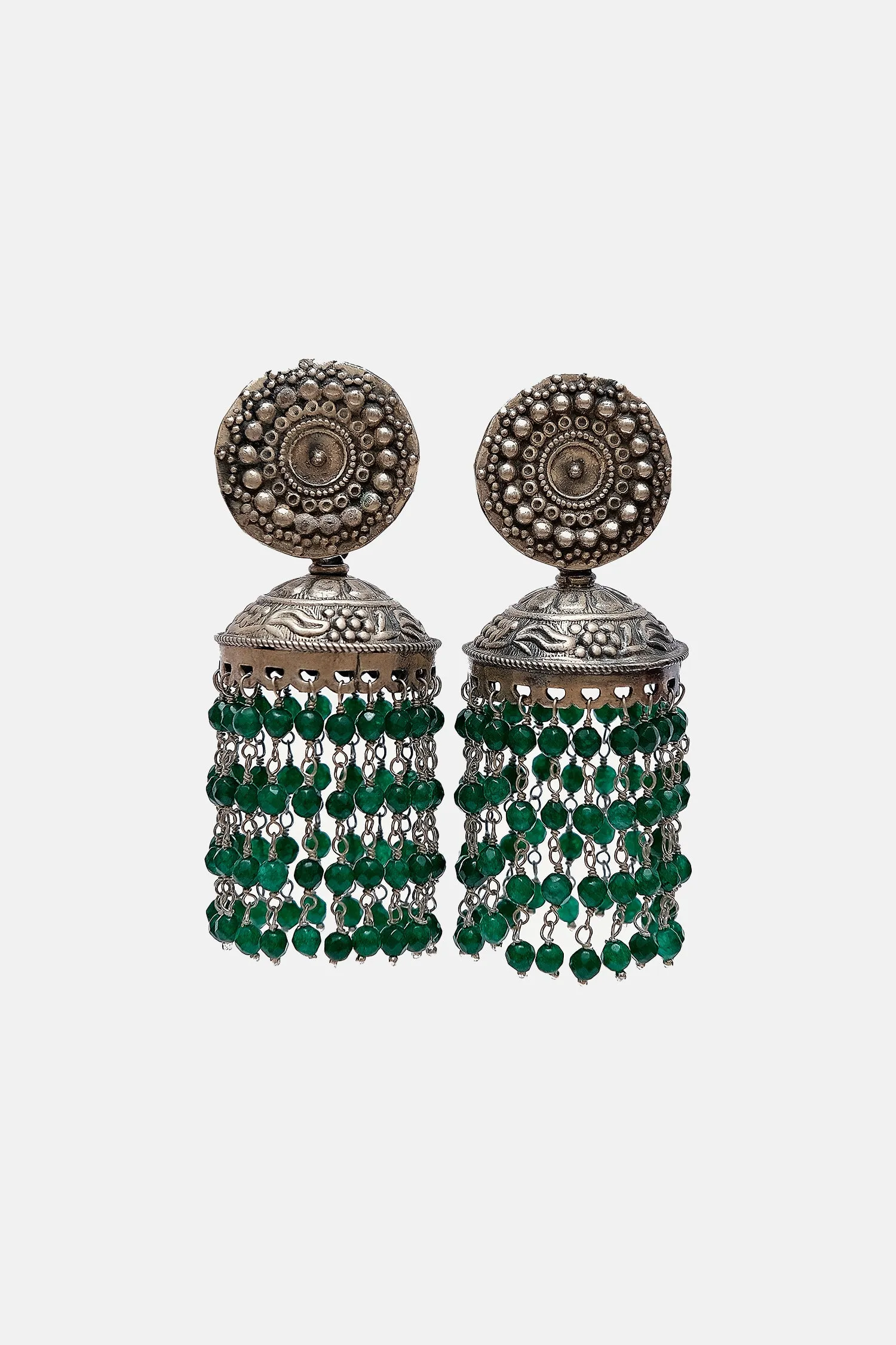 Dana Work Green Pearl Decorated Jhumkis