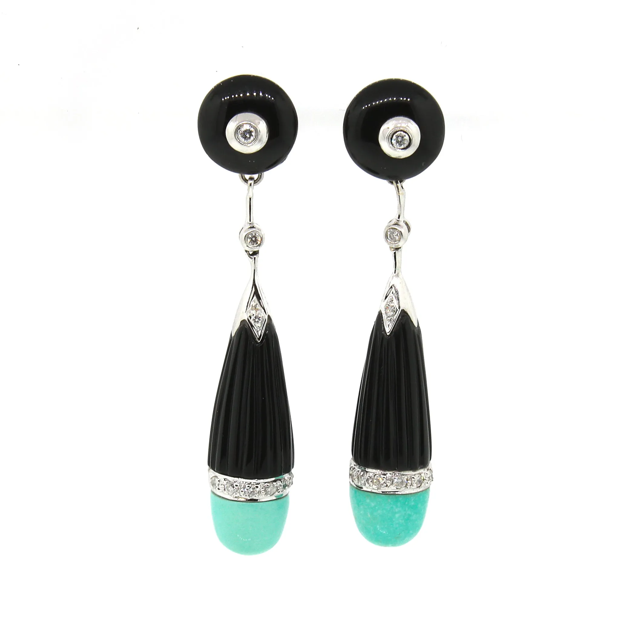 Deco Style Diamond, Onyx and Turquoise Drop Earrings