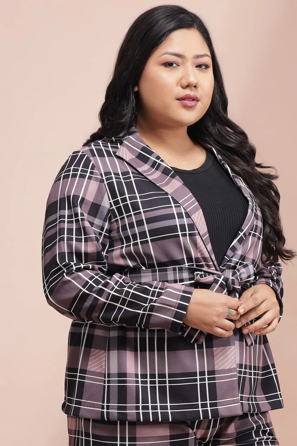 Dusty Pink Black Checkered Blazer