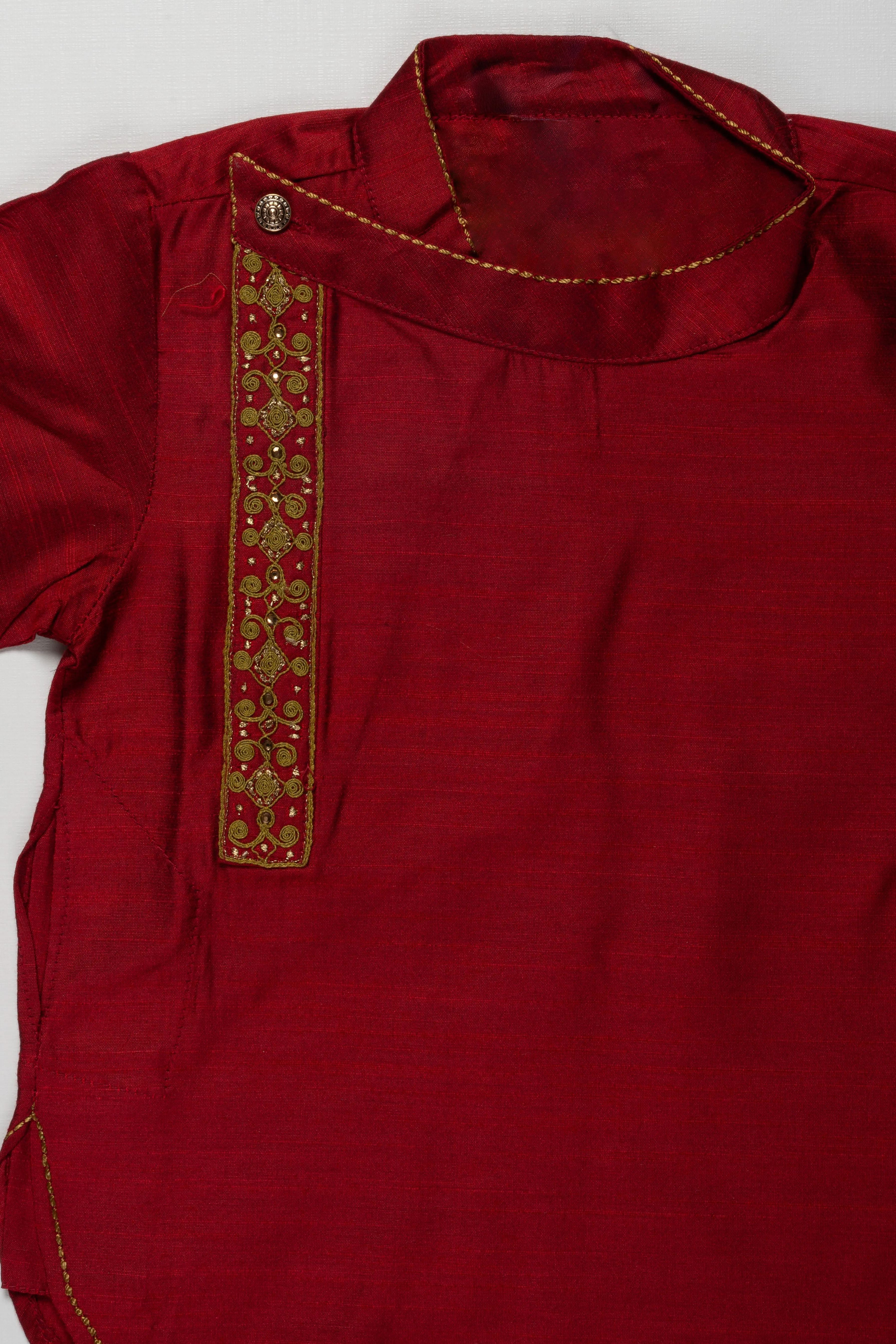 Elegant Maroon Boys Kurta Shirt with Embroidered Side Placket - Ideal for Festive Occasions