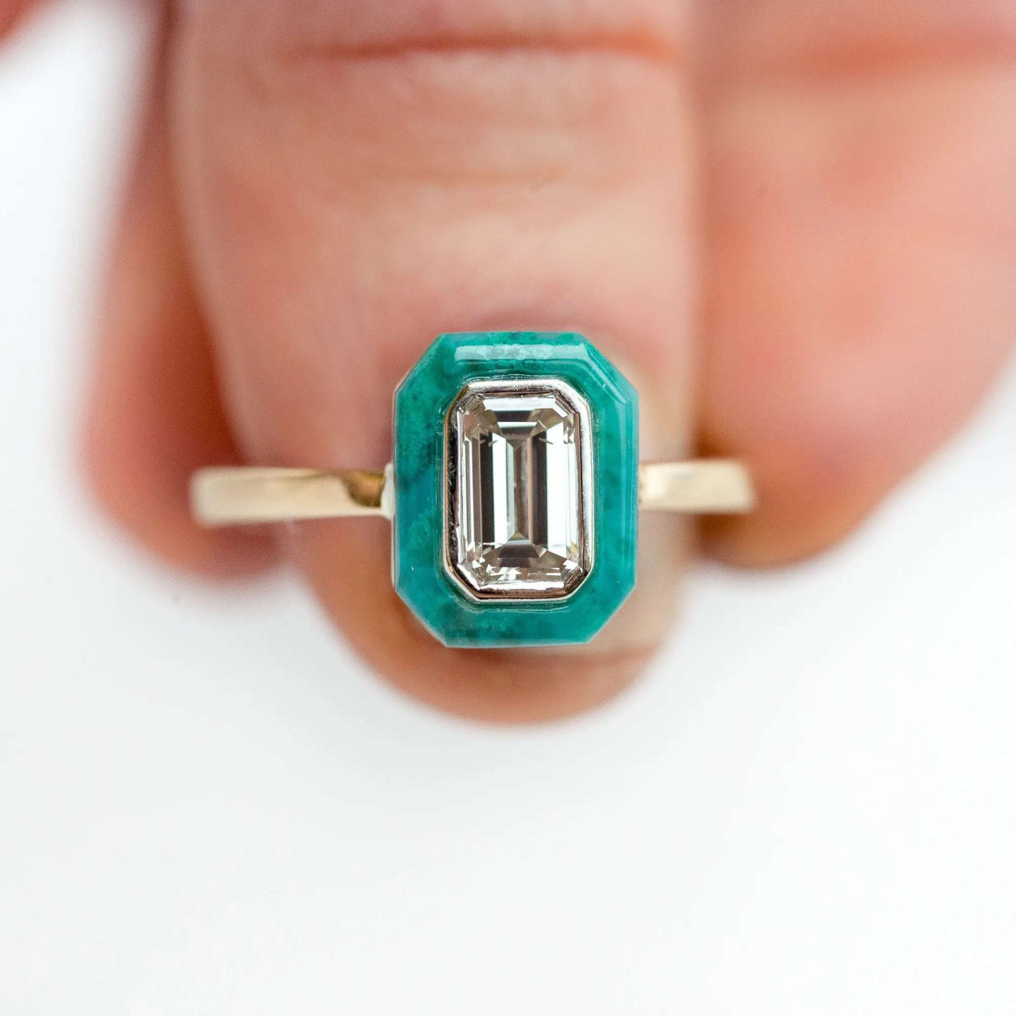 Emerald Cut Diamond and Green Gemstone Halo Ring - Chrysocolla Green Art Deco Ring in Two-Tone 14k Gold