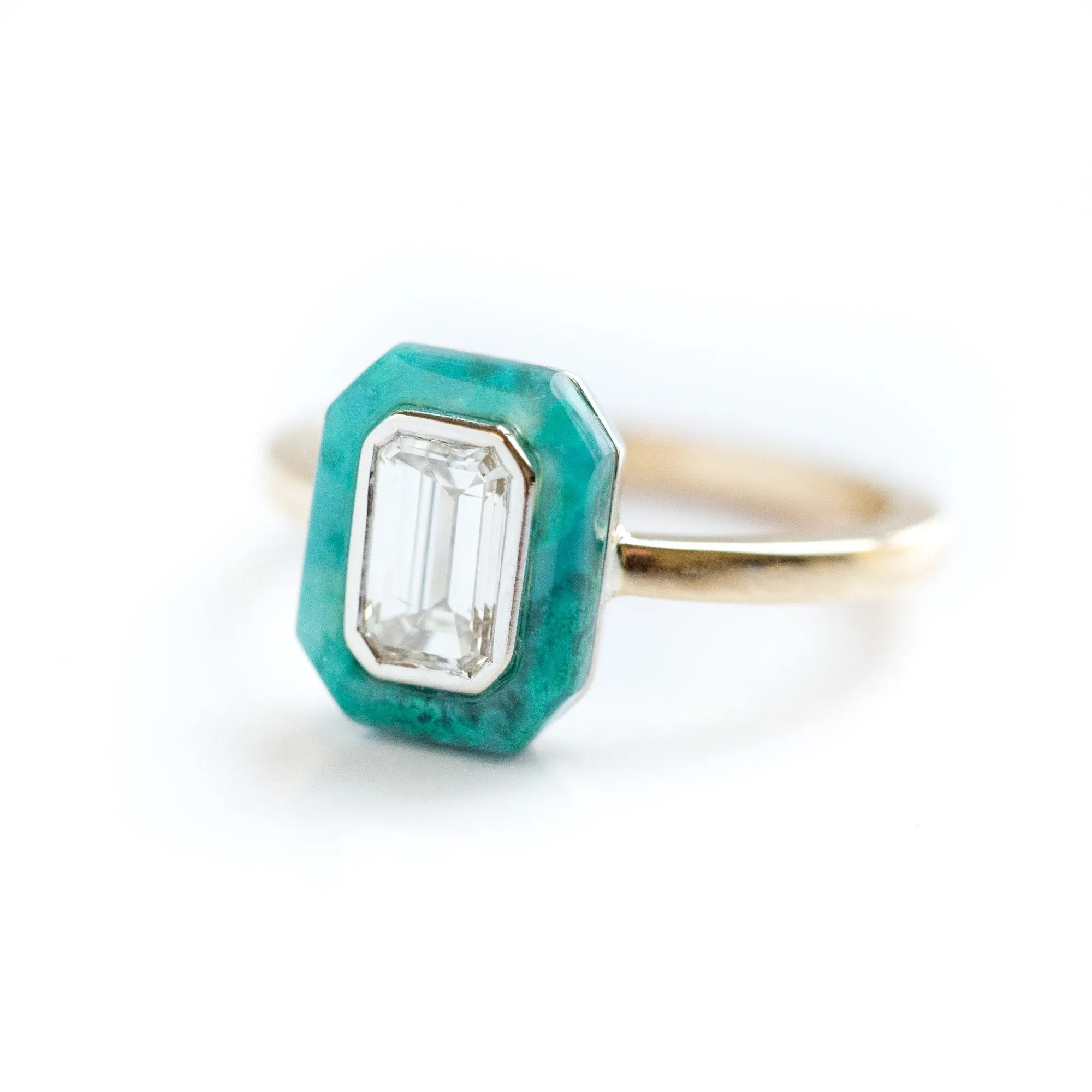 Emerald Cut Diamond and Green Gemstone Halo Ring - Chrysocolla Green Art Deco Ring in Two-Tone 14k Gold