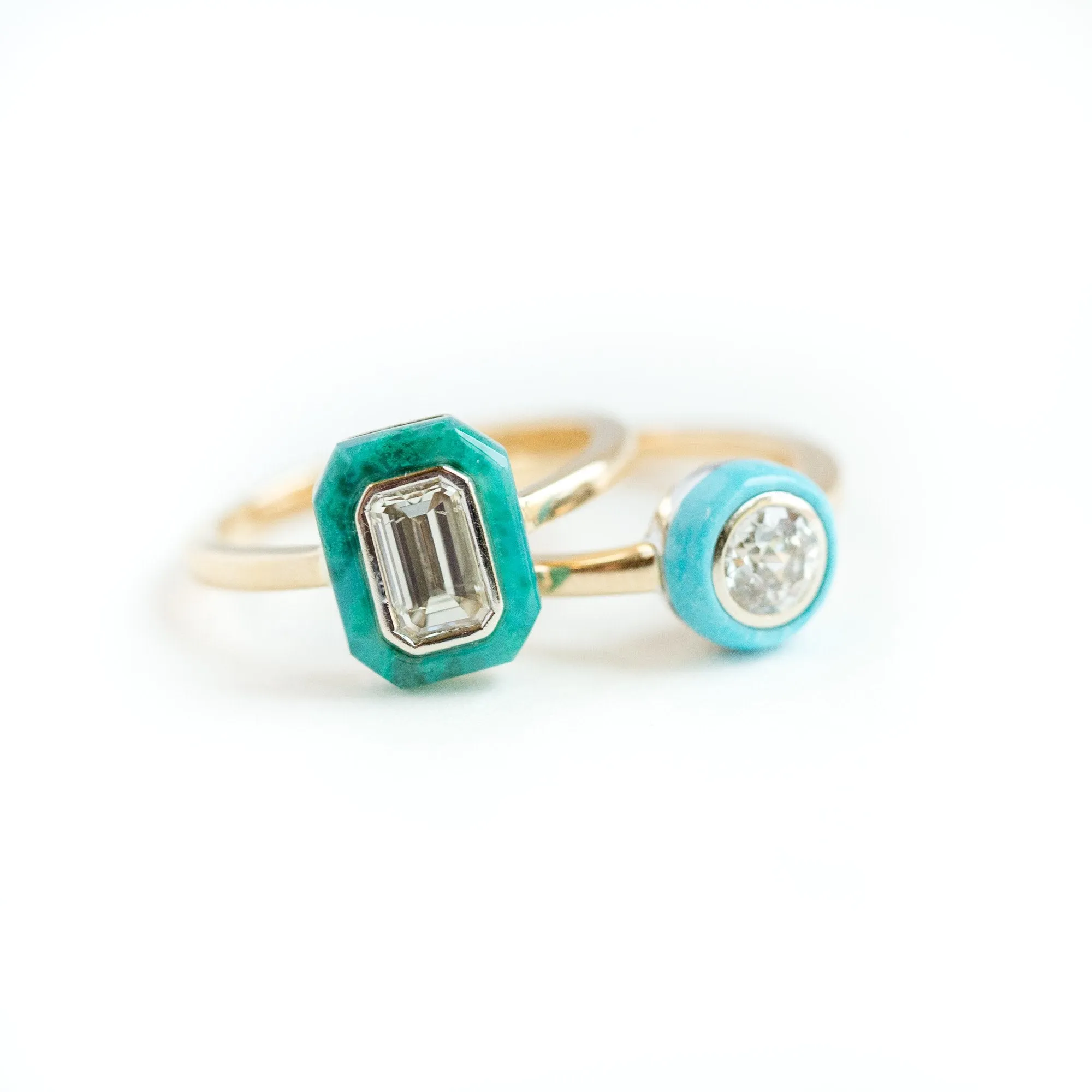 Emerald Cut Diamond and Green Gemstone Halo Ring - Chrysocolla Green Art Deco Ring in Two-Tone 14k Gold