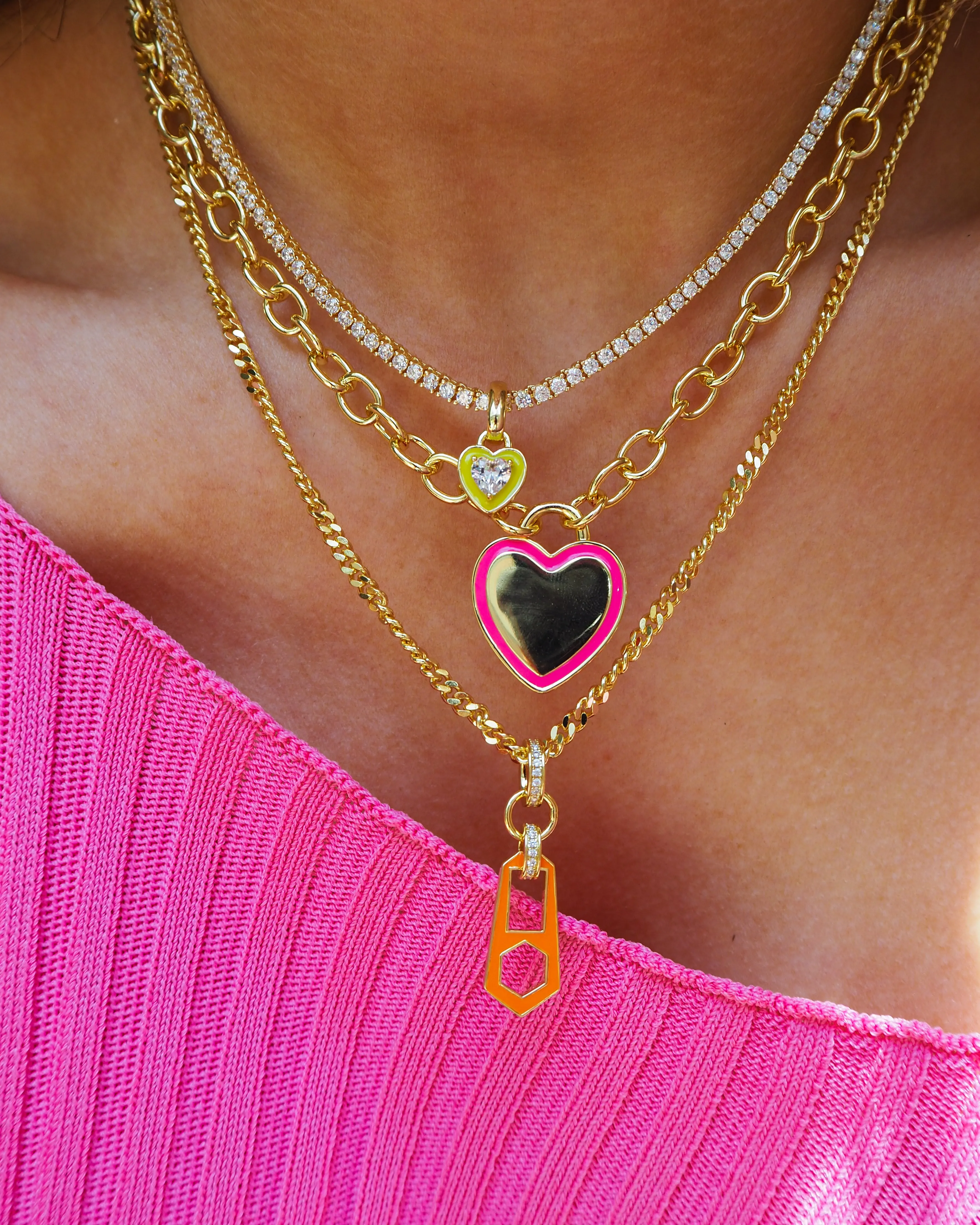 Heart Pendant Necklace- Hot Pink- Gold