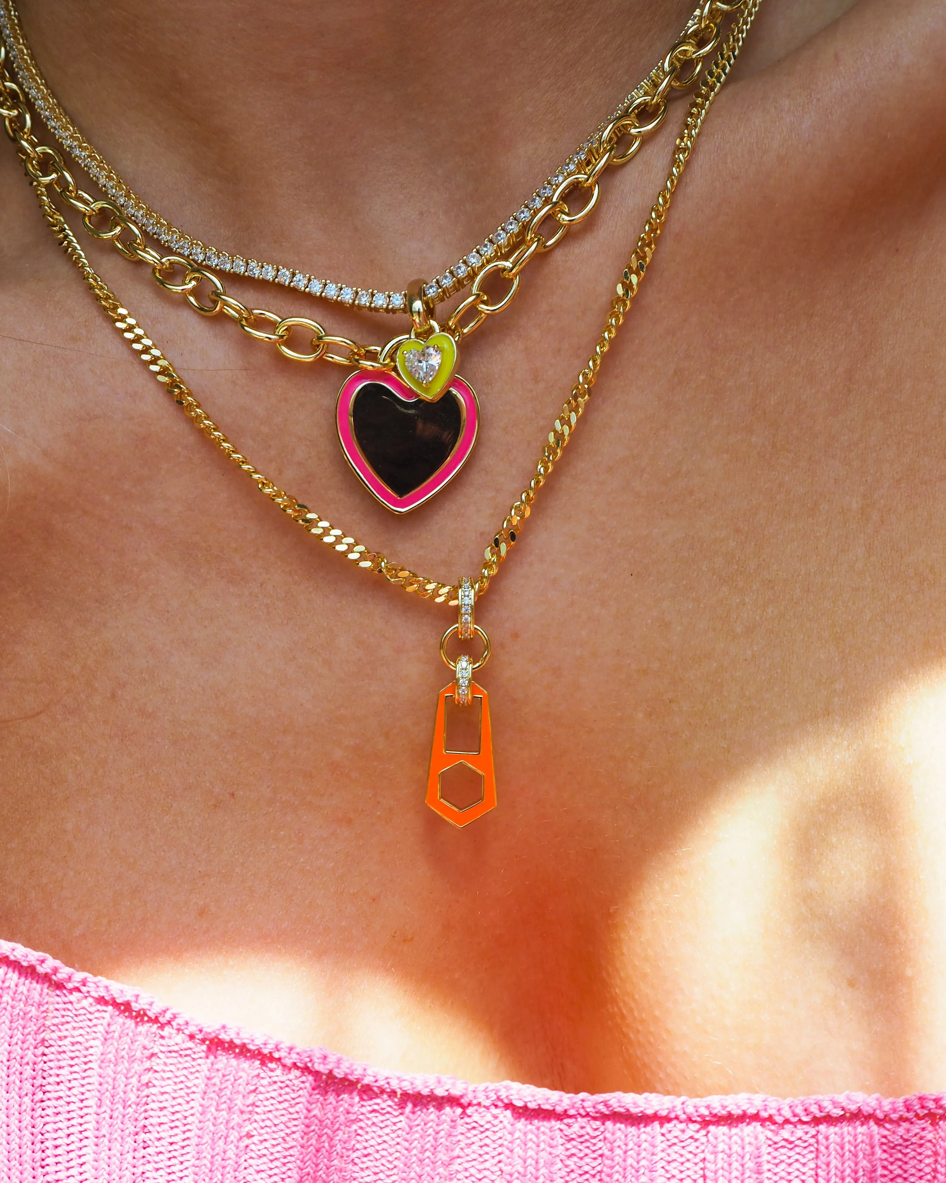 Heart Pendant Necklace- Hot Pink- Gold