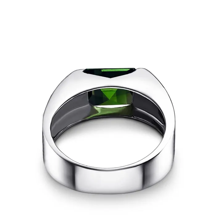 Male Ring Band with Square Emerald in Solid 10K White Gold Green Gemstone Gift for Him