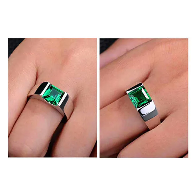 Male Ring Band with Square Emerald in Solid 10K White Gold Green Gemstone Gift for Him