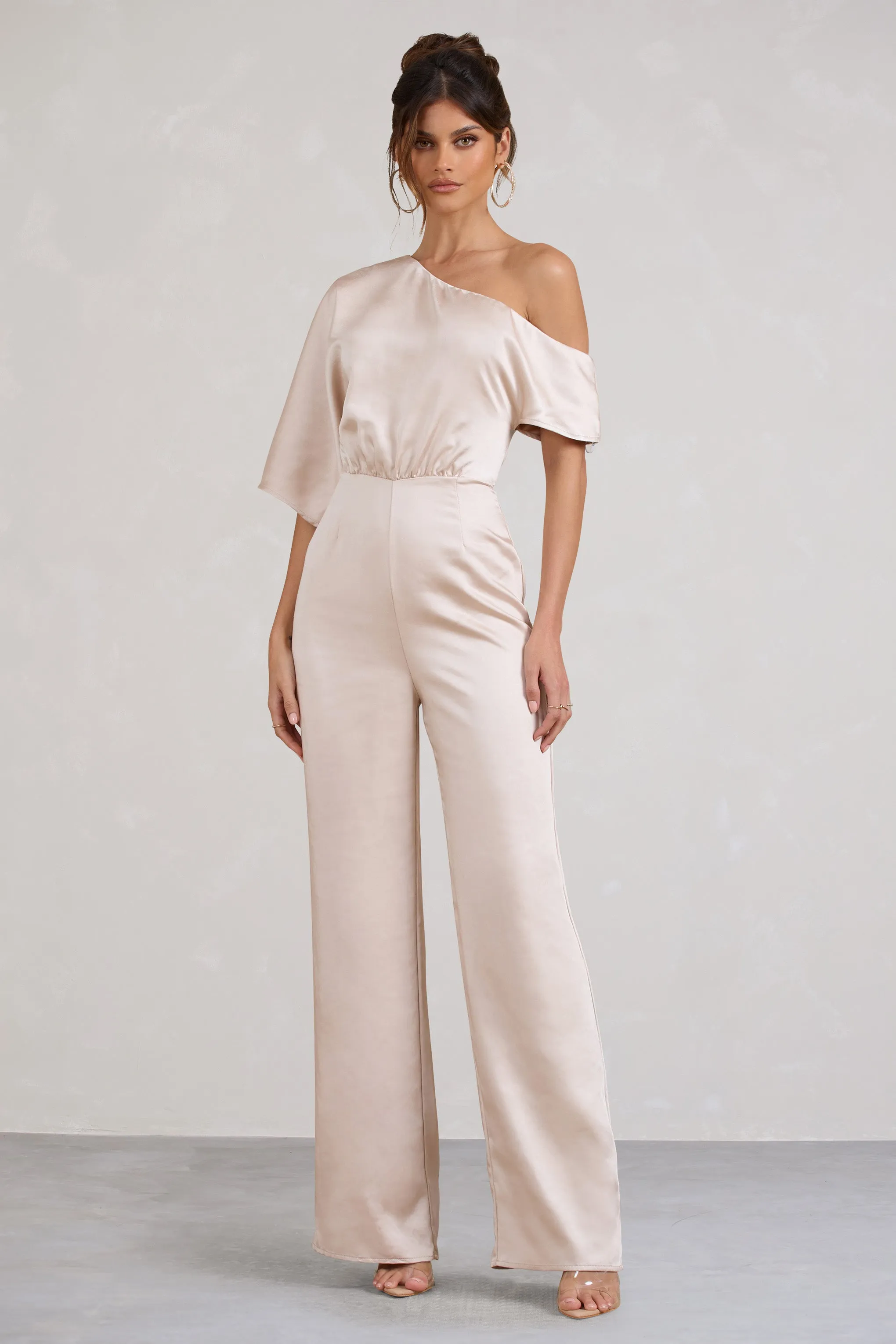 Marvellous | Champagne Satin Asymmetric Flared-Leg Jumpsuit