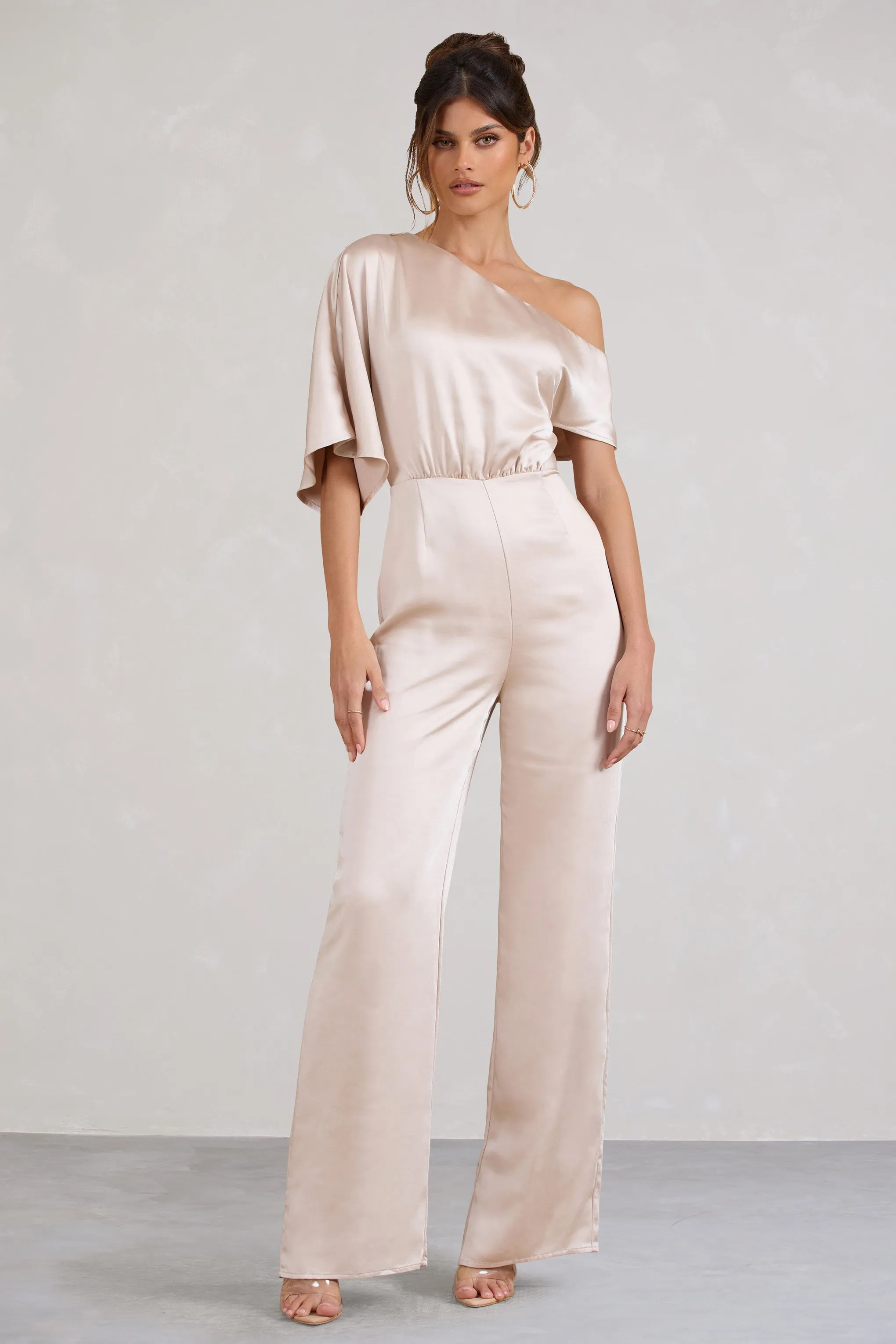 Marvellous | Champagne Satin Asymmetric Flared-Leg Jumpsuit