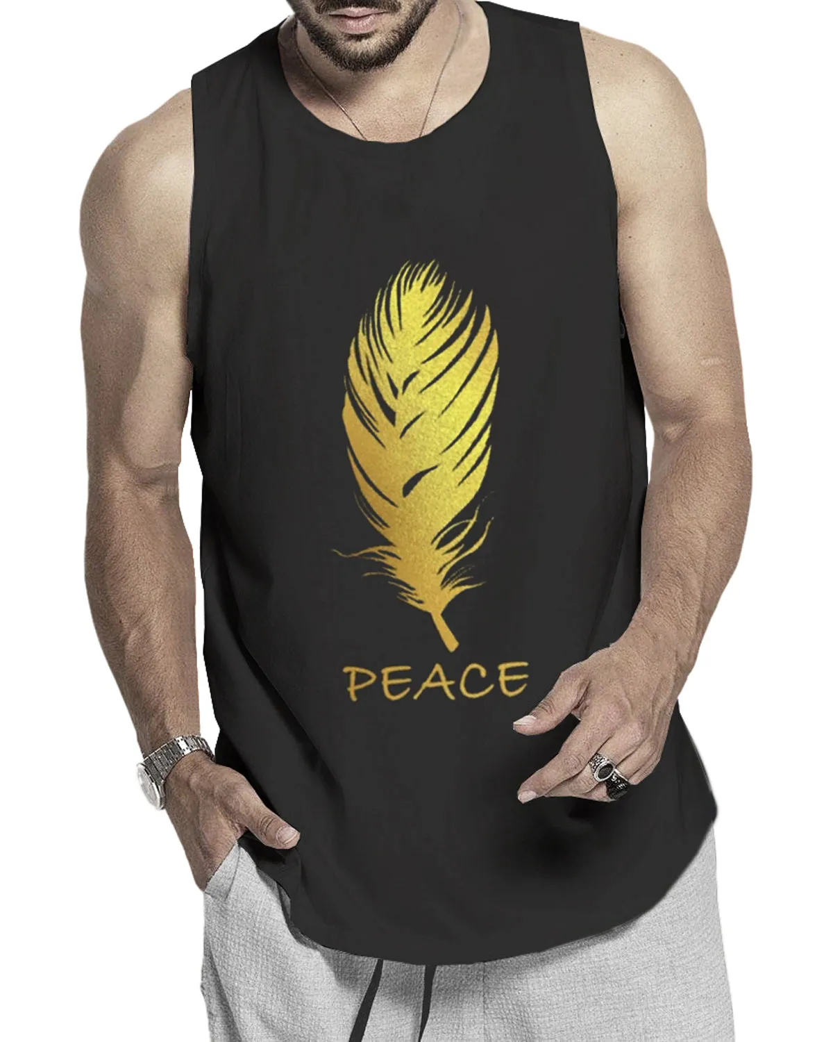 Men Black Feather Design Printed Vest