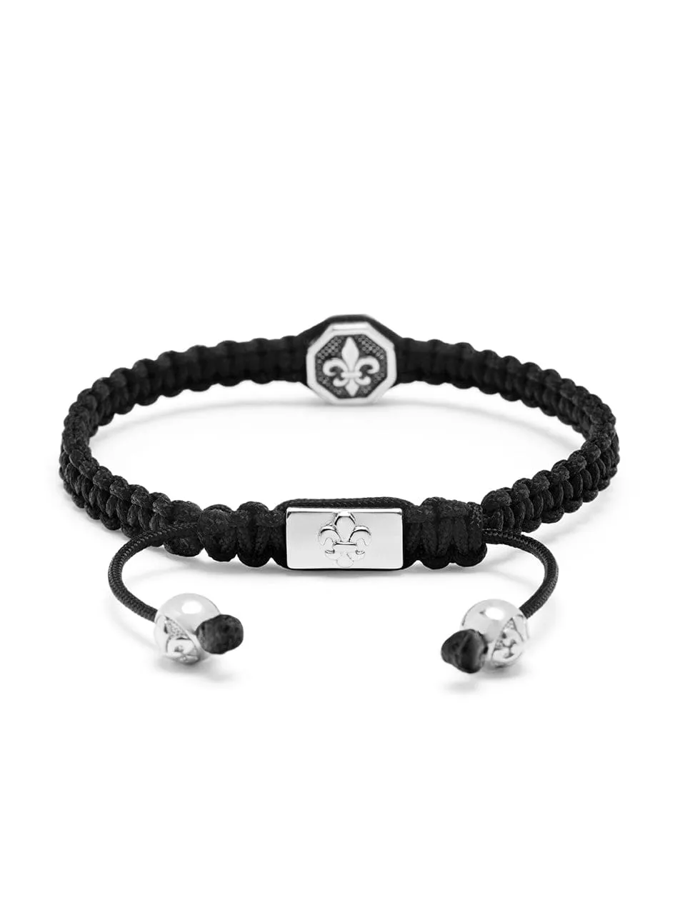 Men's Black String Bracelet with Vintage Silver Fleur De Lis Charm