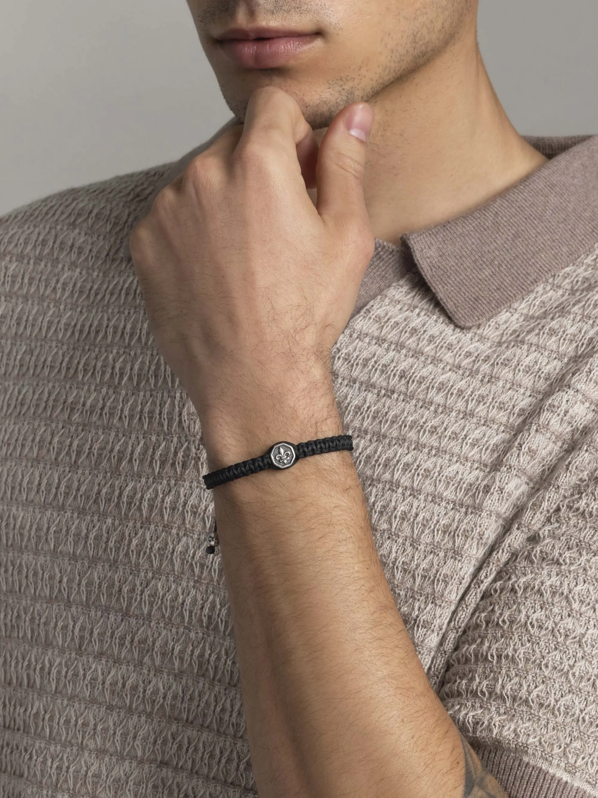 Men's Black String Bracelet with Vintage Silver Fleur De Lis Charm