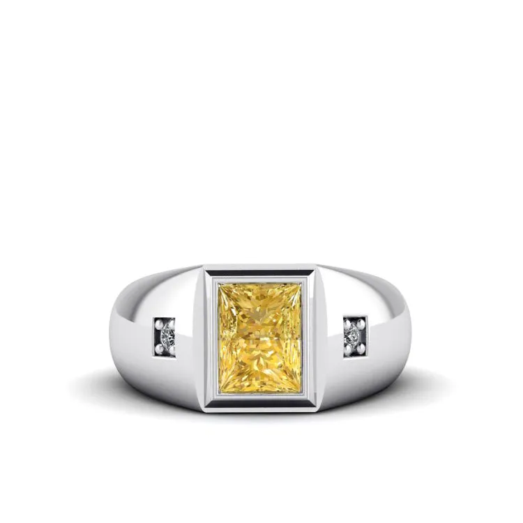 Men's Diamond Pinky Ring SOLID 14K White Gold Band with 2.40ct Yellow Citrine Gemstone Gift for Him