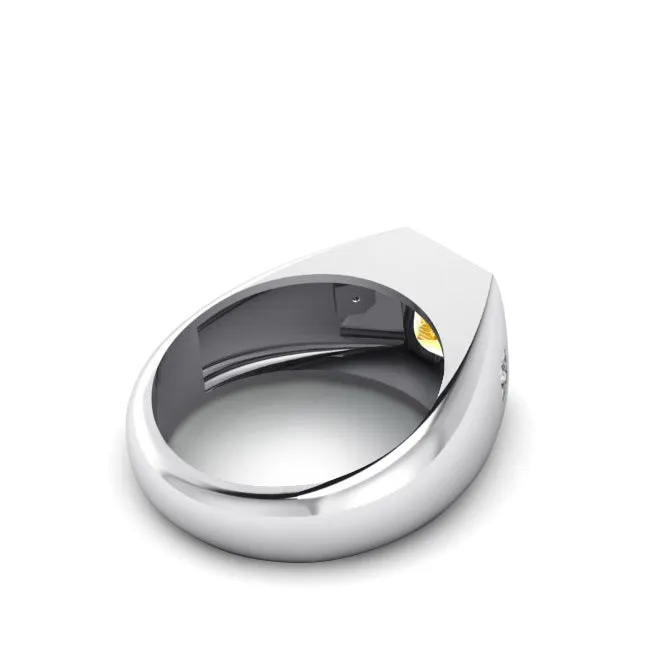 Men's Diamond Pinky Ring SOLID 14K White Gold Band with 2.40ct Yellow Citrine Gemstone Gift for Him