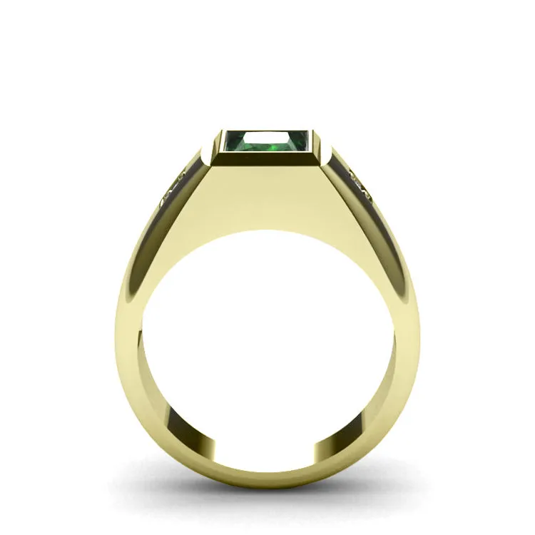 Men's Fashion Ring Solid 14K Yellow Gold 2 Natural Diamonds and Green Emerald Personalized Gift for Him