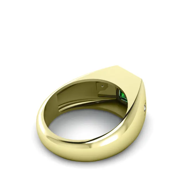 Men's Fashion Ring Solid 14K Yellow Gold 2 Natural Diamonds and Green Emerald Personalized Gift for Him